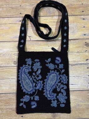 Beaded Black Crossbody Bag with Blue Paisley Embroidery